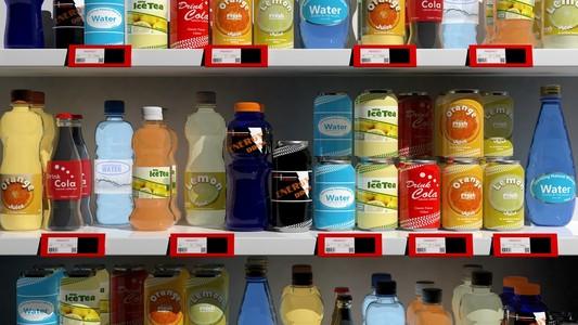 超市饮料货架各种 3d 饮料产品上超市货架照片